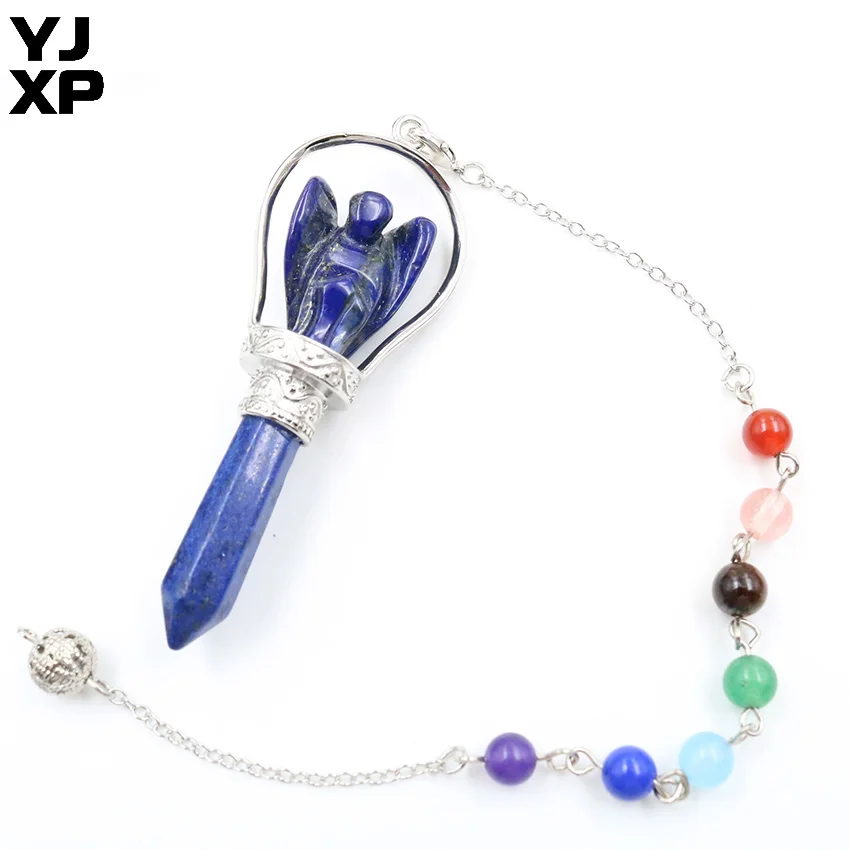 YJXP Natural Stone 7 Chakra Reiki Healing Chain Lapis Lazuli Carved Angel Hexagonal Prism Pendulum Pendant Fashion Charm Jewelry