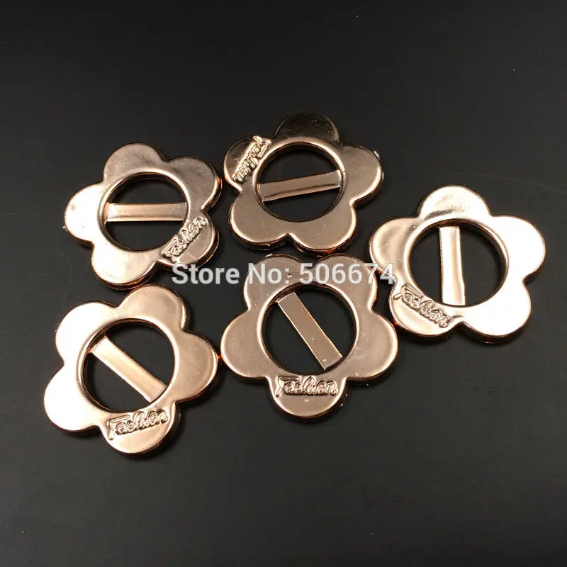 uv plated rose gold color no fade ccb ribbon buckles 28mm, 30pcs rope ribbon slider gold flower acessories for bag shoe