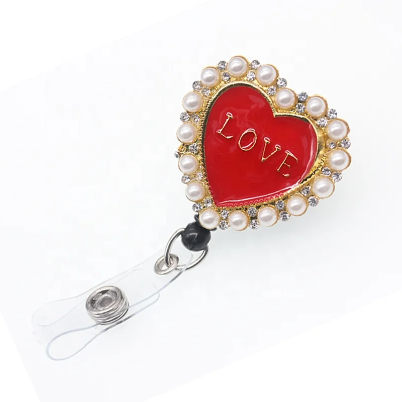 10pcs/lot New Arrival Pearl Enamel Rhinestone Love Heart Retractable ID Badge Reel for Nurse Doctor Office Supplies