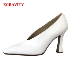 XGRAVITY Décolleté con tacco alto retrò in vera pelle da donna Décolleté sexy in pelle di mucca da donna con punta quadrata Scarpe moda da donna Vendite calde A112