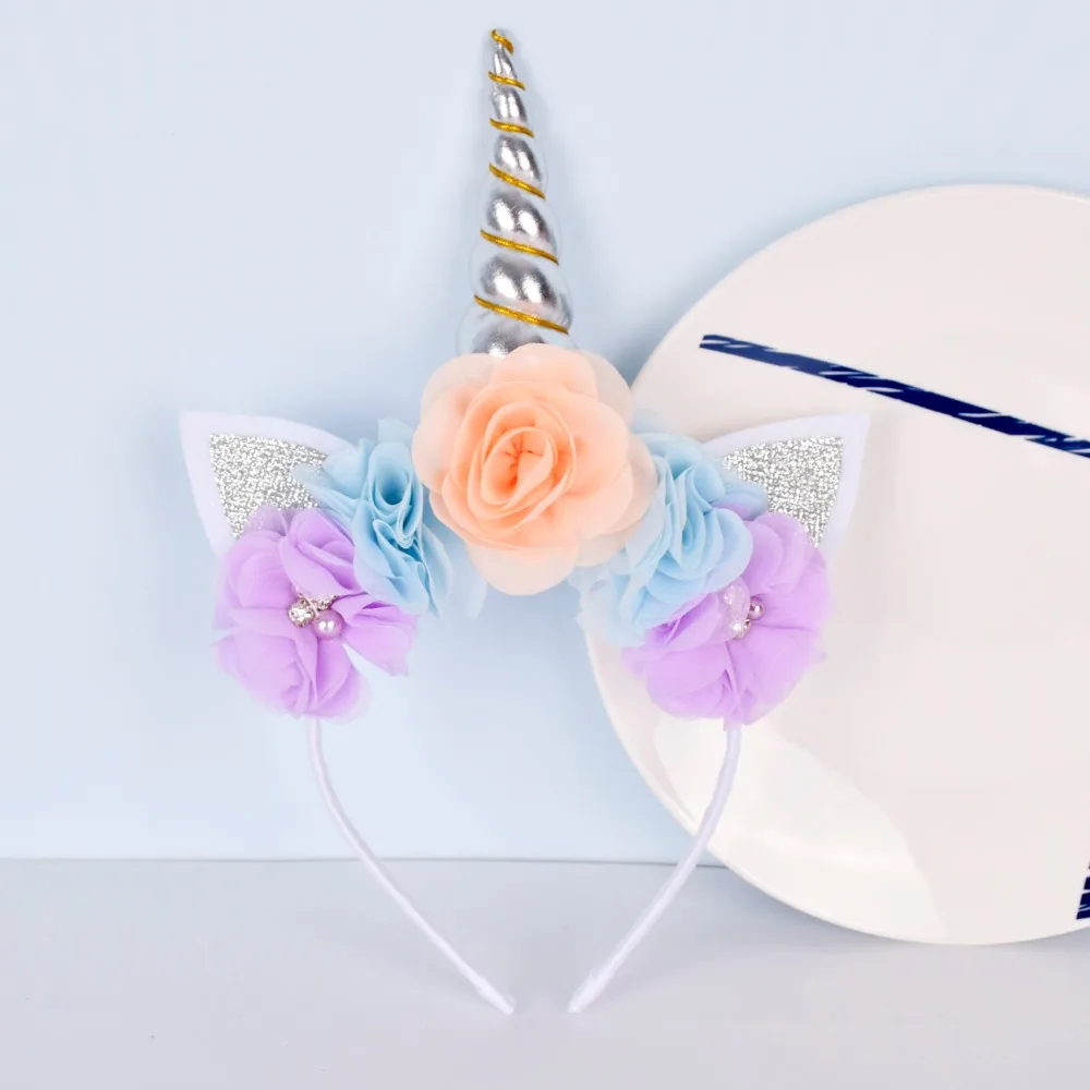 

Girls Unicorn Headband Chiffon Flowers Unicorn Horn Hairband Glitter Headband for Kids Unicorn Birthday Party Hair Accessories