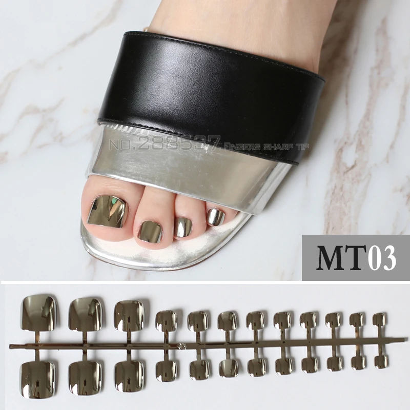 24 pcs personality metal Fake Toenails Pure Sliver Light  gray Punk wind False Toenails Short Full Artificial False Toes MT03