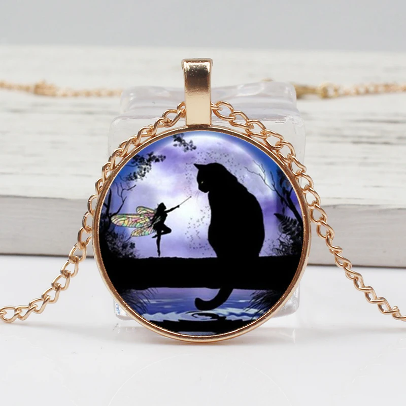 Vintage Glamour Necklace Fairy Black Cat Photo Tibet Convex Round Glass Pendant Chain Necklace Woman Man Gift Souvenir