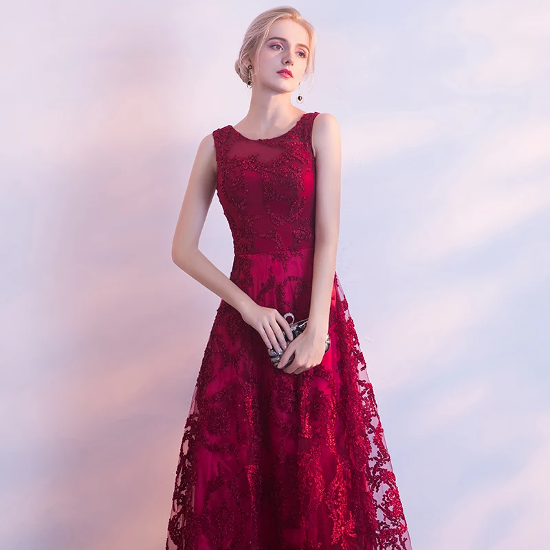 weiyin New 2023 Evening Dress Elegant Banquet Wine Red Lace Sleeveless Floor-length Long Party Formal Gown Robe De Soiree WY1522