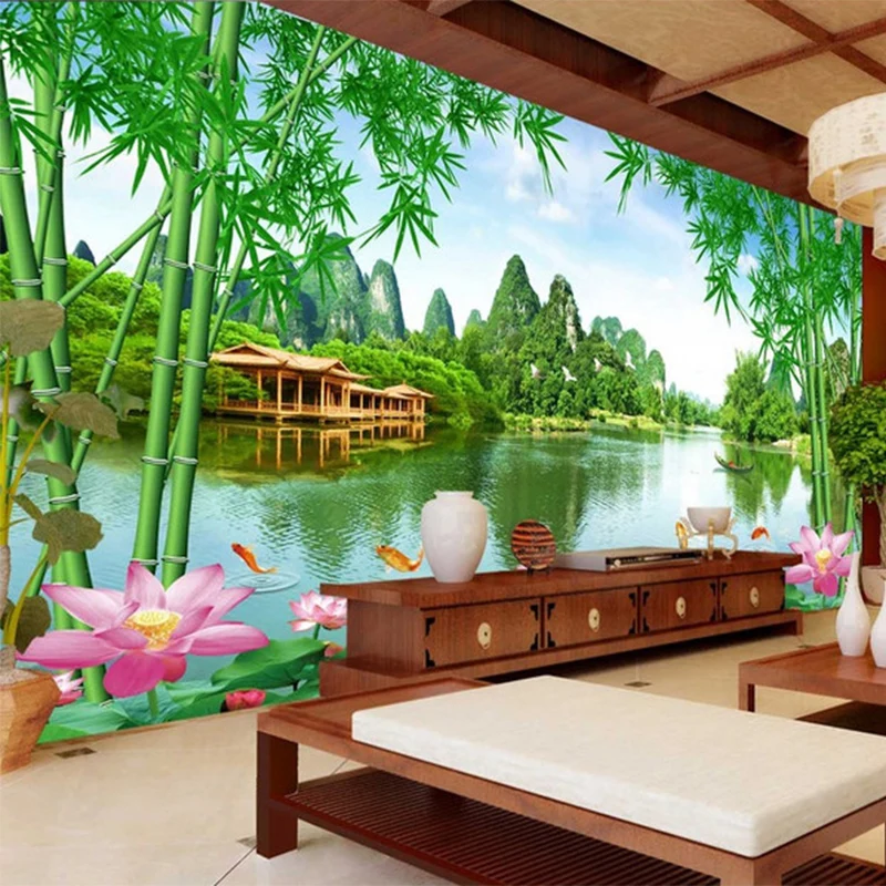 Custom Foto Tapete 3D Bambus Lotus Natur Landschaft Wandmalereien Wohnzimmer TV Sofa Hintergrund Wand Dekor Papel De Parede 3 D Sala