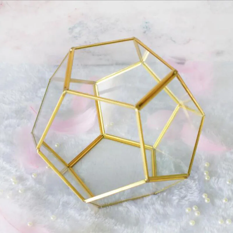 Gold Glass Pentagon Geometric Terrarium Container Window Sill Decor Flower Pot Balcony Planter Diy Display Box (No Plant)