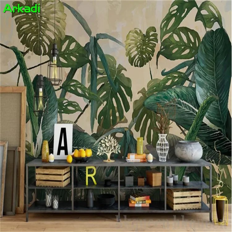 Southeast Asia Theme Hotel Wallpaper KTV Hotel Restaurant Background Wallpaper Tropical Rainforest Banana Leaf Custom Mural