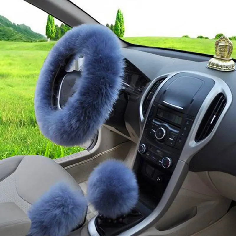 3pcs/set Fur Car Steering Wheel Cover Gray-blue color Wool Winter Essential Universal Furry Fluffy Thick Faux Three Season