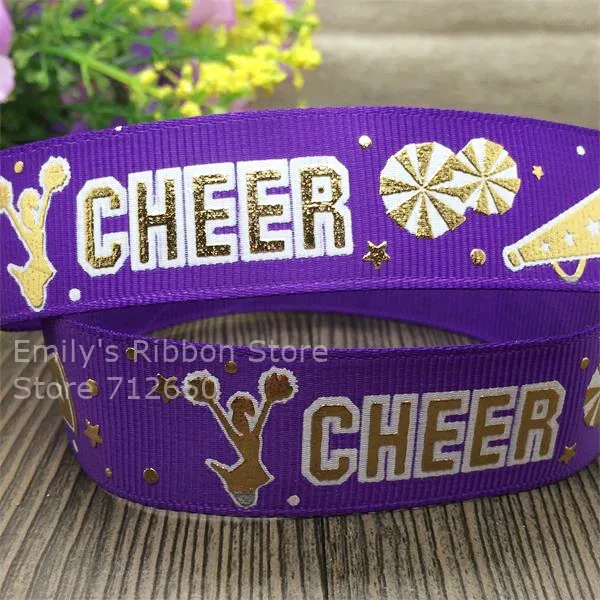 17 Skus to Select 7/8\'\' 22mm Gold CHEER Hot Stamped Grosgrain Ribbon Printed Ribbon Clothing Diy Bow Gift Wrap Ribbon 10 yards