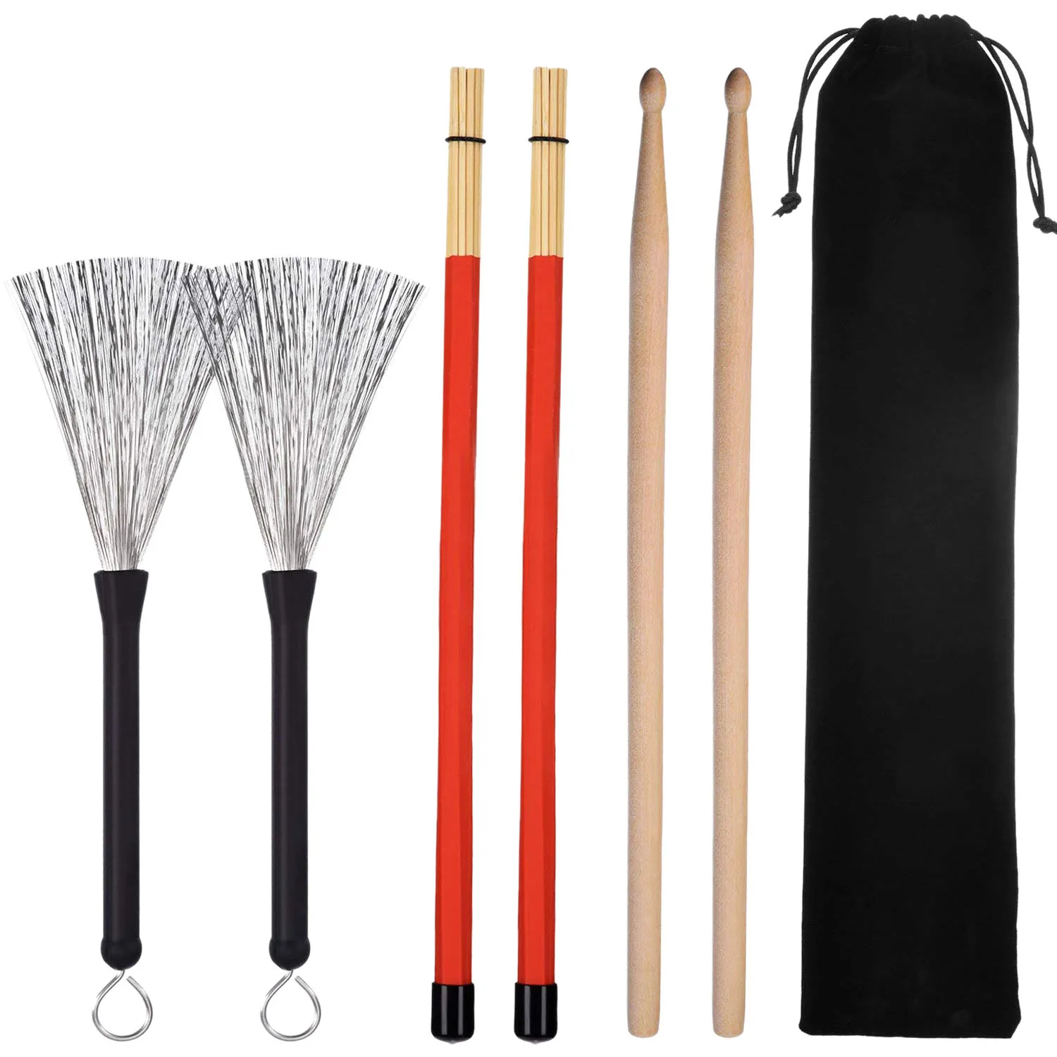 

1 Pair 5A Drum Sticks Wood Drumsticks Set 1 Pair Drum Wire Brushes Drum Stick Brush and 1 Pair Rods Drum Brushes