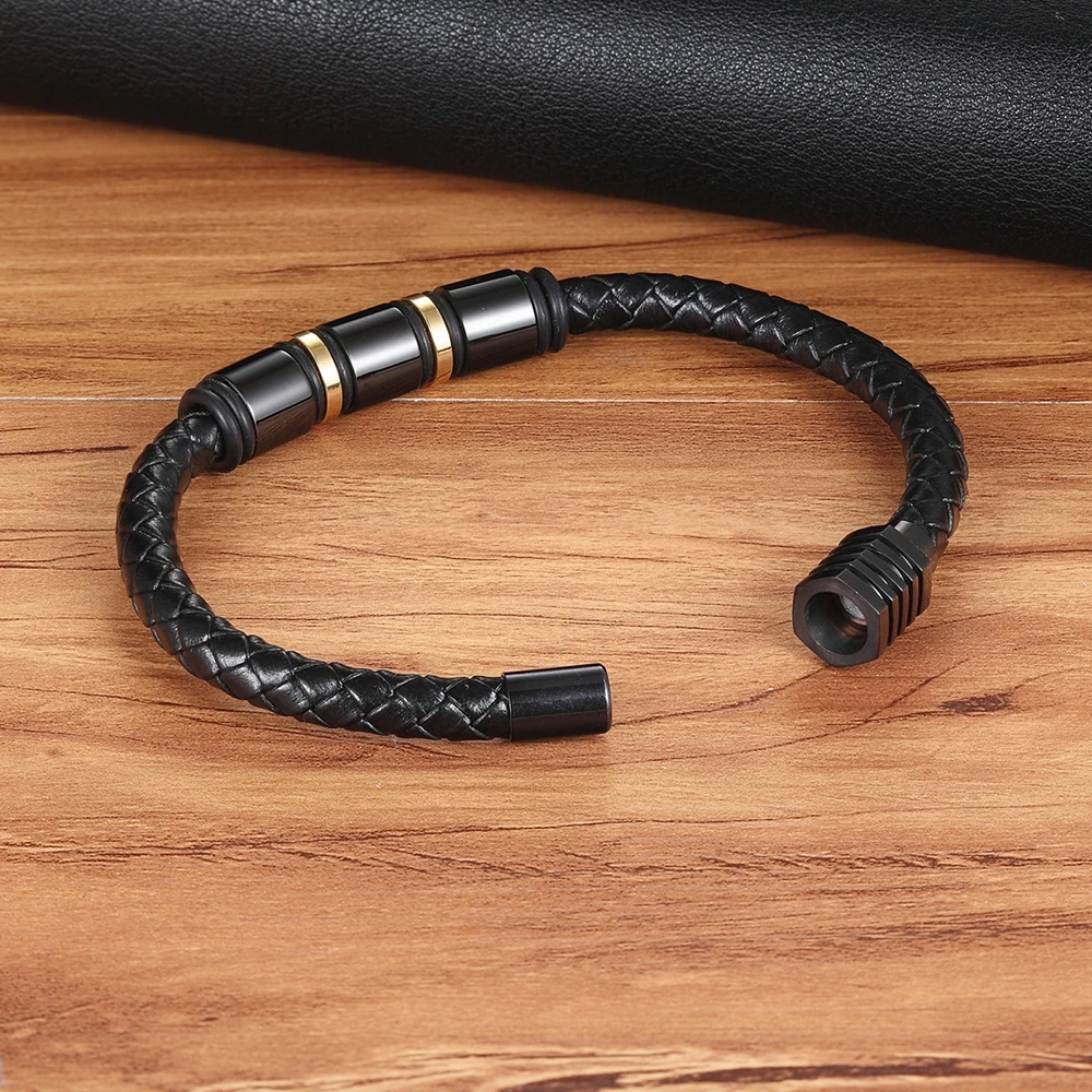 XQNI Genuine Leather Cool Black Creative Design Stainless Steel Magnetic Buckle Charm Men Leather Bracelet Size 19/21/23CM