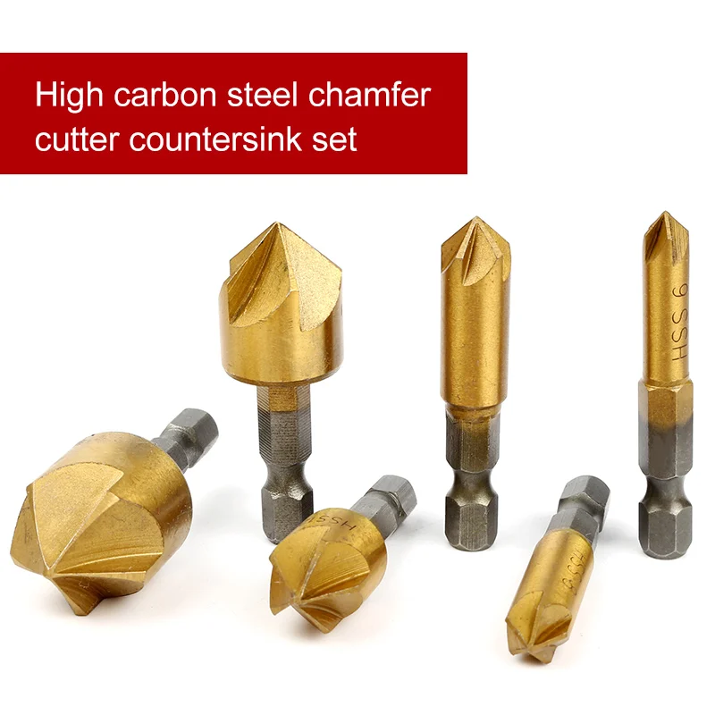 HOEN 6pcs Drill Bit Round shank 5 Flute HSS Hard Metals natural color Five Edge Chamfer Chamfering End Mill Cutter Countersink