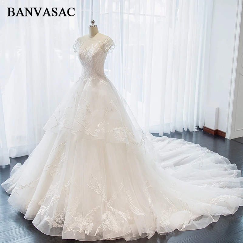 BANVASAC Sheer O Collo 2018 Del Merletto Dell'abito di Sfera Abiti Da Sposa Appliques Ricamo Foto Reali Cattedrale Treno Abiti Da Sposa