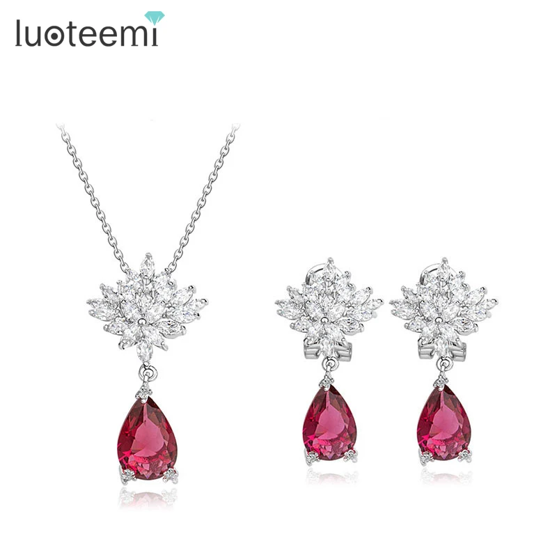 

LUOTEEMI Higanbana Flower Luxury AAA Cubic Zirconia Silver Color Earring Necklace Set For Girl Bridal Wedding Anniversary Sets