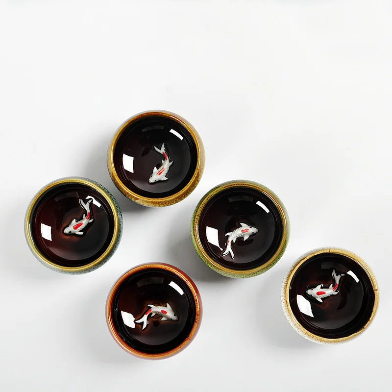 6pcs Kung Fu Tea Cup Set,Chinese Porcelain Teacup Sets Ceramic yaobian China tea set change goldfish Glaze Travel Tea Bowl