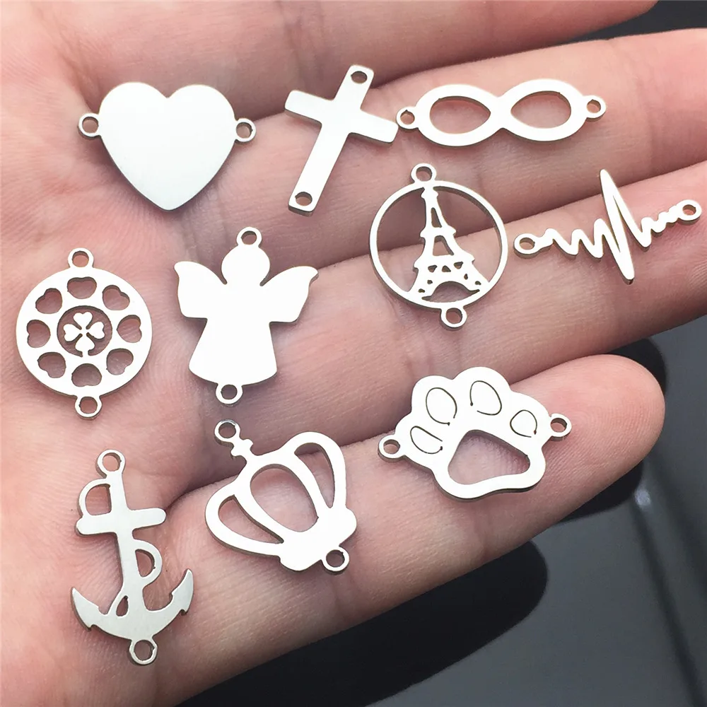 Stainless Steel Double Hole Connectors 10pcs Angel Anchor Heart Cross charm Necklace Bracelet Connect Diy Jewelry Making Finding