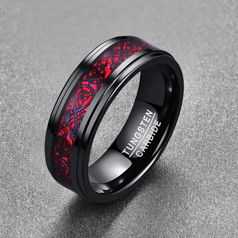 

New Brand Bijoux Man's Jewelry Ring Electroplated Inlaid Red Opal Paper Black Dragon Tread Step Tungsten Ring