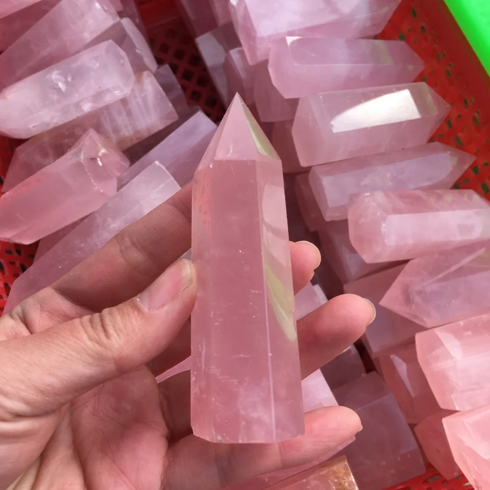 1kg Natural Rose Quartz Crystal Point Wand Pink Crystal Quartz Tower Rose Crystal Obelisk Flat Bottom Healing 12-15pcs