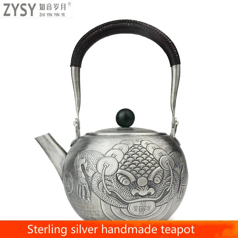 pure silver Kung Fu tea set, manual production pure silver 999 do old burn water kettle mention beam pot, office gift collection