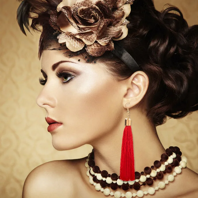 Solid Colors Red Pink Black Blue etc Cotton Thread Tassel Golden Hook Women Long Drop Earrings Dangle Earrings