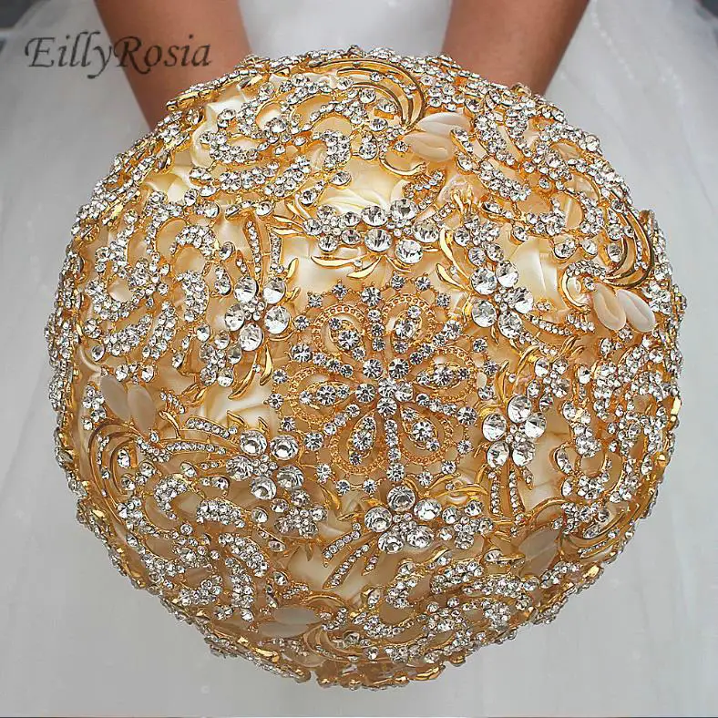 Gold Crystals Rhinestones Bridal Bouquet Wedding Flowers Satin Roses with Sequins Luxury Sparkly Handmade Wedding Bouquet 2019