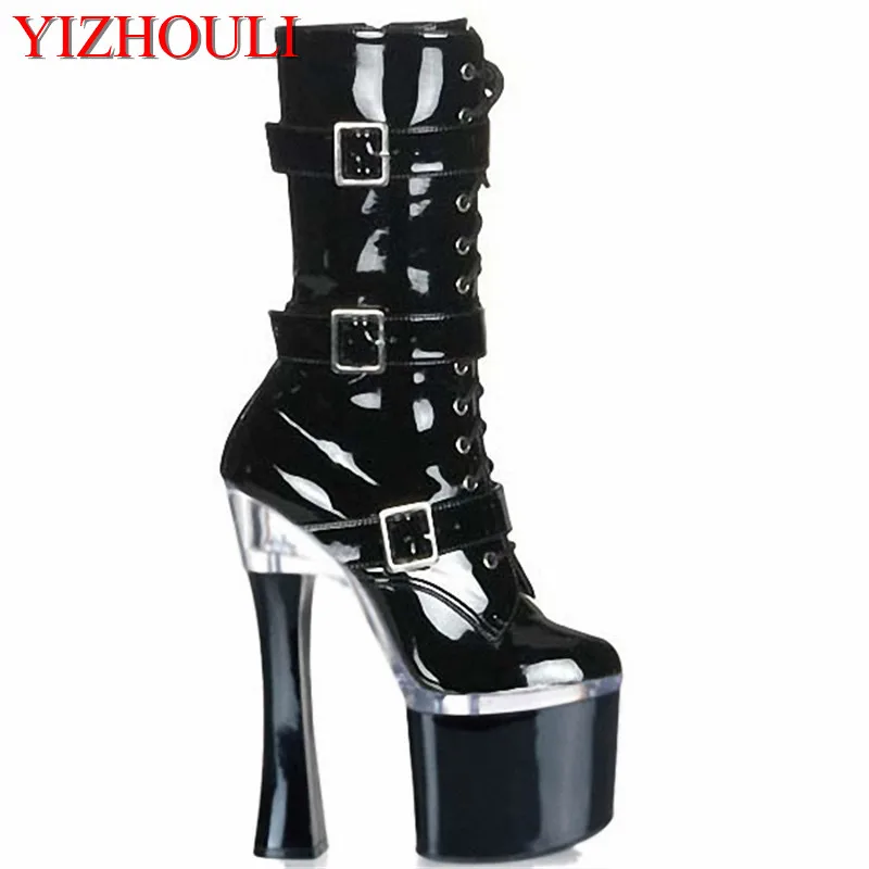 New fashion cool women\'s ankle boots,sexy 18cm ultra high heels, platform pumps womens shoes, black leather buckle boots on sale