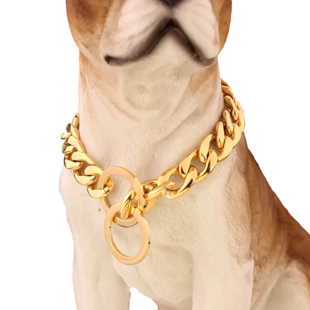 13/15MM High Quality 316L Stainless Steel Gold Color 1:1 NK Cuban Curb Link Chain Pet Dogs Collar Choker Necklace 12