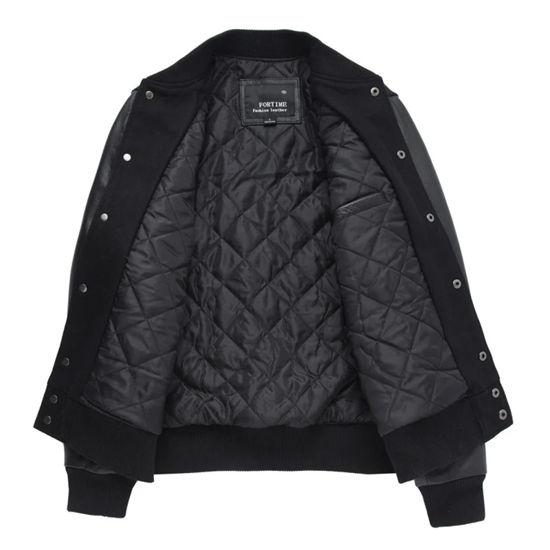 Spring Winter Real Sheepskin School College Team Quilted Varsity Jacket Men Leather Sleeves Wool Baseball Coat Black Color