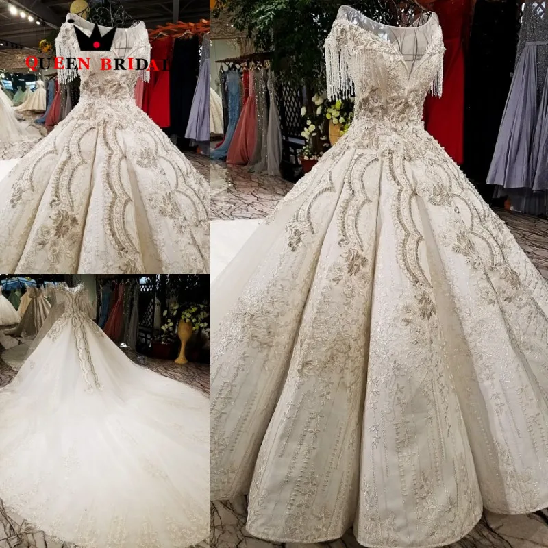 

robe de mariee 2021 Ball Gown Lace Flowers Beaded Crystal vestido de noiva QUEEN BRIDAL Long Train Wedding Dresses WD106