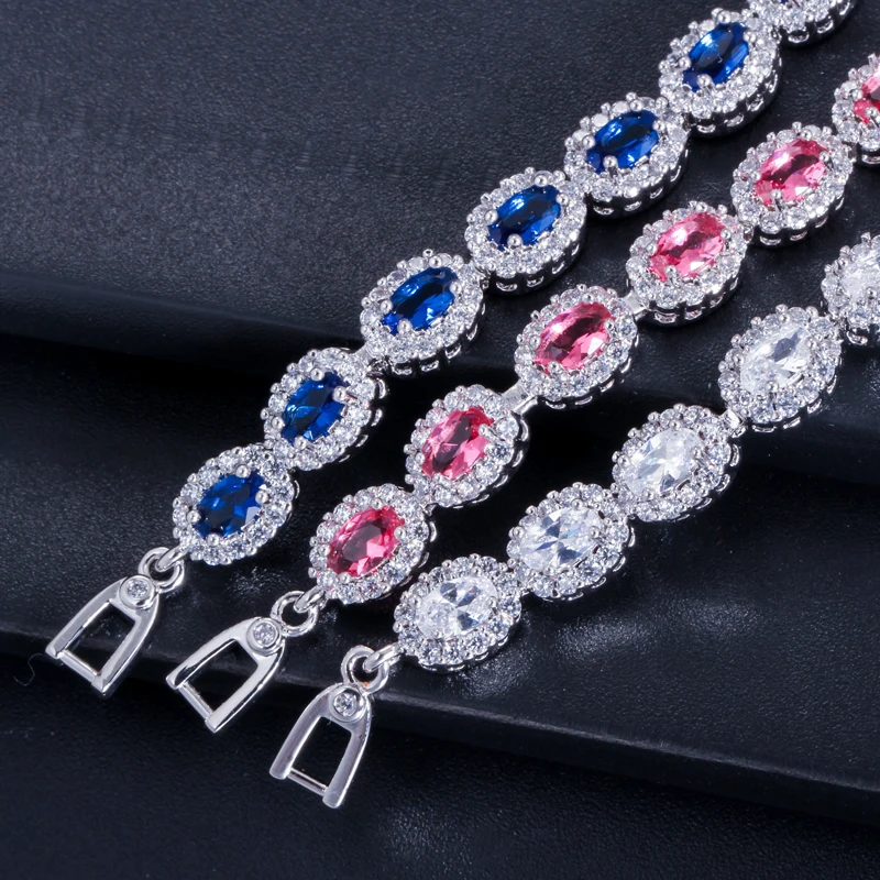 CWWZircons Exquisite White Gold Color Cubic Zircon Inlaid and Royal Blue Stone Women High Quality Bracelets Bangles CB124