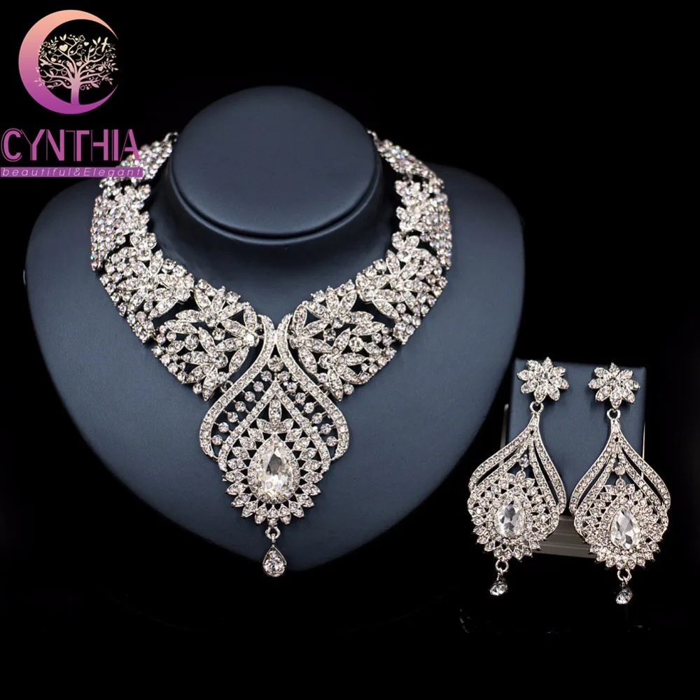 

New Luxury Big Flower Bridal Jewelry Sets For Brides Women Wedding Clear Crystal Necklace Earring Set Party Prom Accessories