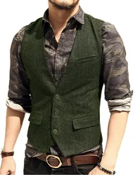 Men's Suit Vest V Neck Wool Herringbone Tweed Casual Waistcoat Formal Business Vest Groomman For Green/Black/Brown/Coffee