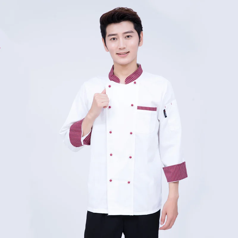 2019 New stripe Unisex Kitchen Chef เครื่องแบบเบเกอรี่อาหารบริการแขนสั้น Breathable Double Breasted Cook สวม Chef แจ็คเก็ต