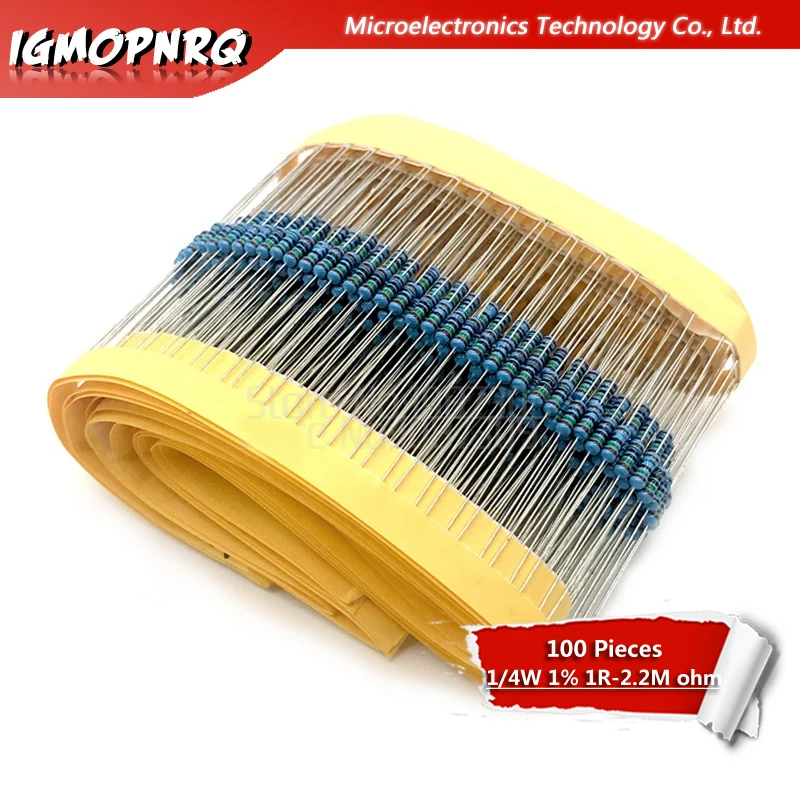 100pcs Metal film resistor 1/4W series 1R~2.2M 1% resistance 10K 22K 47K 100K 100 220 1K5 100R 220R 1K 1.5K 2.2K 4.7K 4K7 ohm