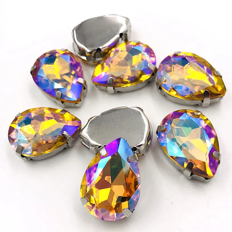 New arrival Teardrop shape crystal Glass sliver base flatback sew on rhinestones with claw for DIY clothing Accessories