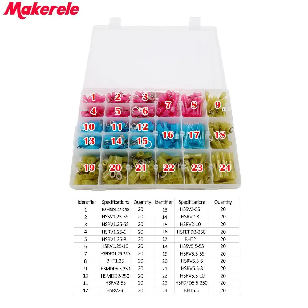 480pcs/Box GP-H002 Assorted Insulated Electrical Wire Terminals Crimp Connector Spade