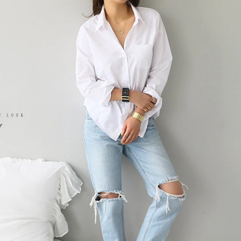 BGTEEVER-Camisa blanca de un solo bolsillo para mujer, blusa femenina, Top de manga larga, cuello vuelto informal, estilo OL, blusas sueltas