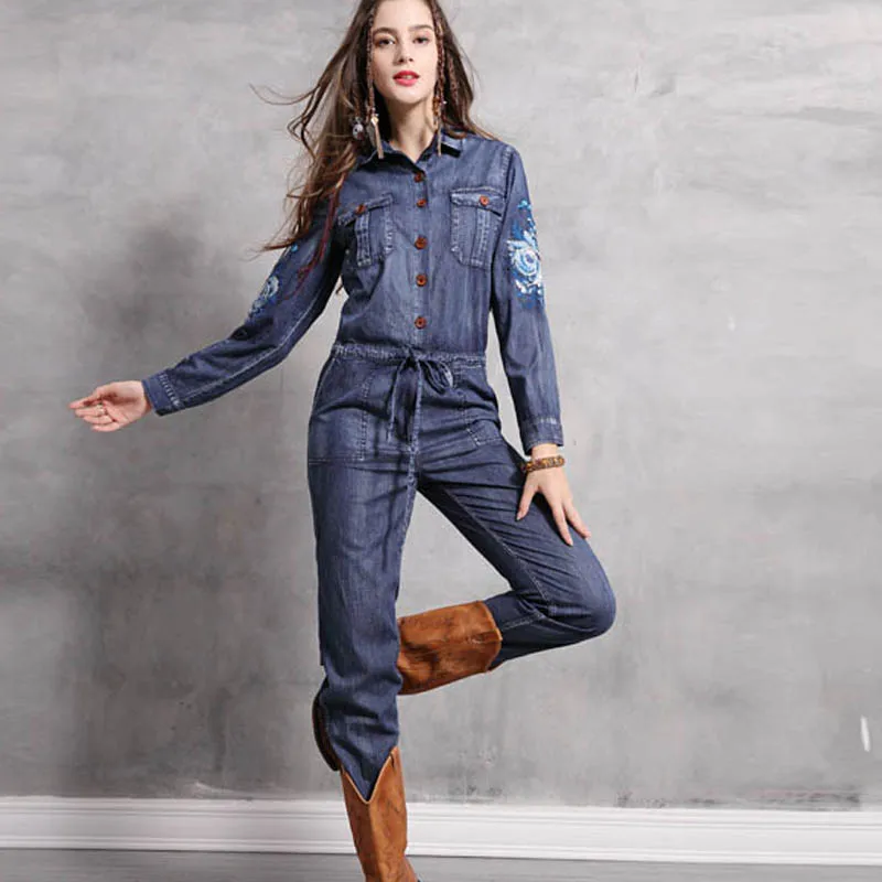 Denim Jeans Jumpsuit with Embroidery for Women, Long Sleeve Rompers, Safari Style, Plus Size Trousers, S-XL, New Fashion