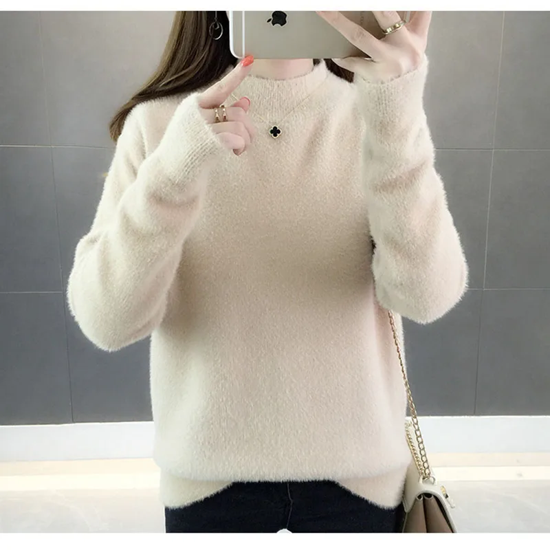 Warm Fall Knitted Faux Mink Fur Pullover Women Long Hair Turtle Neck Tops Ladies White Solid Color Jumper Casual Femme Pull Top