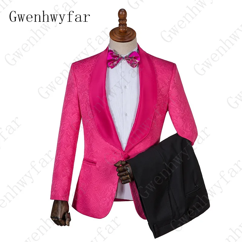 

Gwenhwyfar New Brilliant pink Jacquard Black Pants Groom Tuxedos Shawl Lapel Men Suits for Wedding Best Man suits (jacket+Pants)