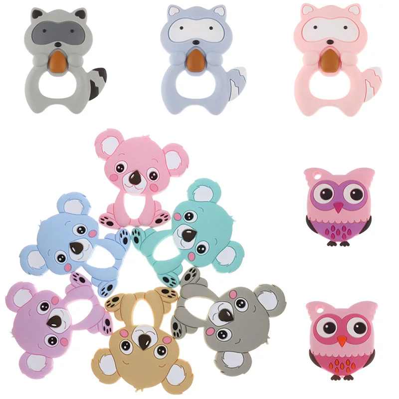 Wholesale Raccoon Silicone Koala Baby Teether 10pc BPA Free Newborn Teething Necklace Shower Gift Cartoon Animal Pendant DIY Owl