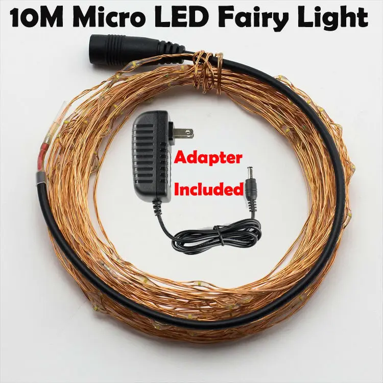 20Sets/Lot 10M 100 Warm White Micro LED  Flexible Copper String  LED Starry Light for Wedding Decoration With Adapter