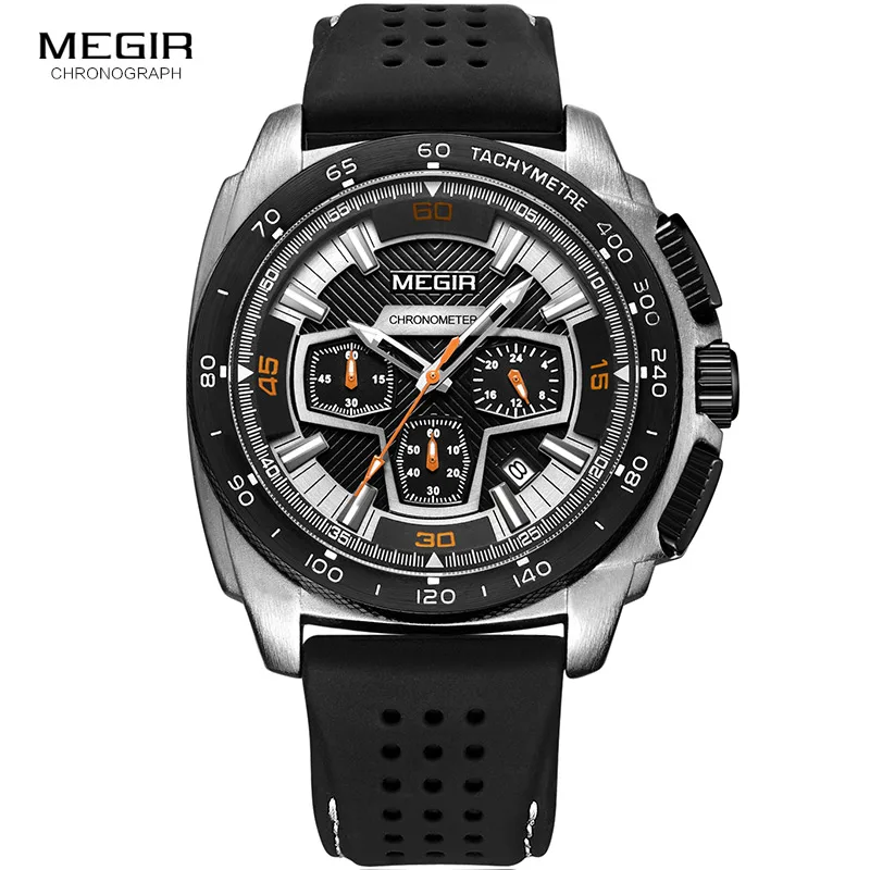 Megir Men\'s Army Sports Chronograph Quartz Watches Silicone Band 24 Hours Military Waterproof Wristwatch for Man 2056GS-BK-1