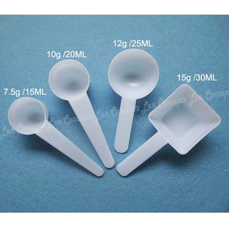 

50pcs/lot Measuring Plastic Scoop Measure Spoon 7.5g 15ml 10g 20ml 12g 25ML 15g 30ml for option - free shipping