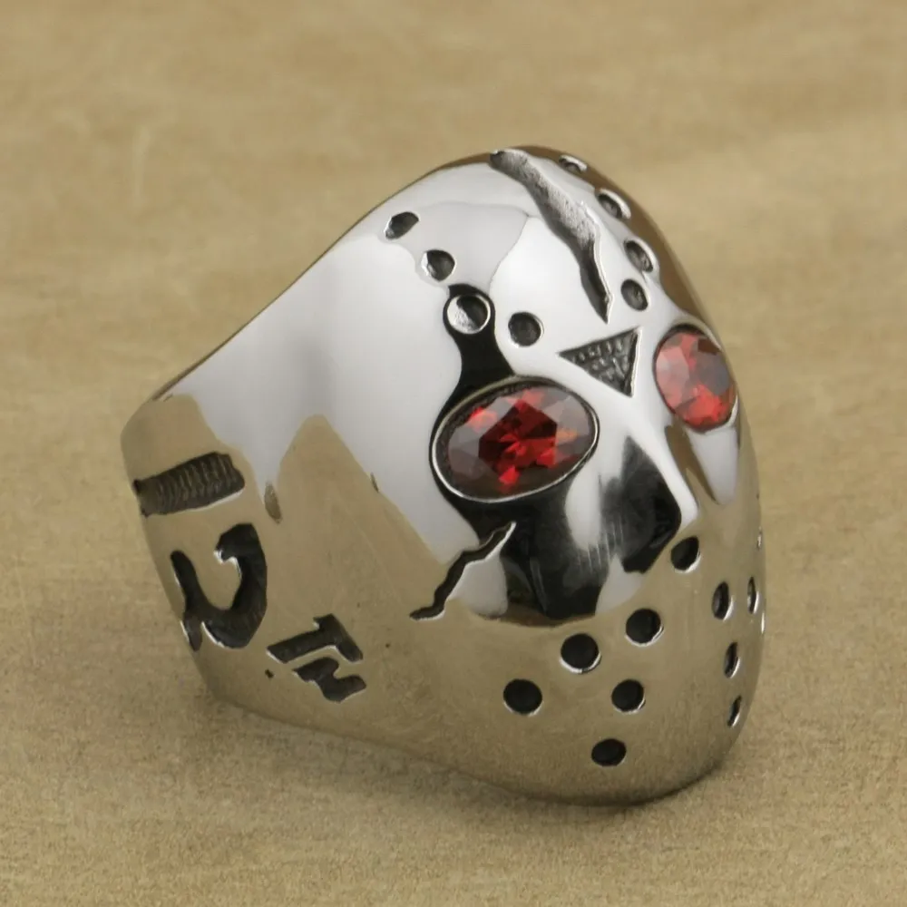 316L Stainless Steel Halloween Jason Hockey Red CZ Eyes Mens Ring 3F301A