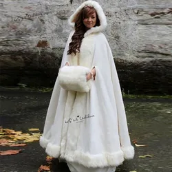 Long Warm Women White Ivory Faux Fur Winter Christmas Bridal Cape Stole Wedding Cloaks Hooded Party Wraps Jacket