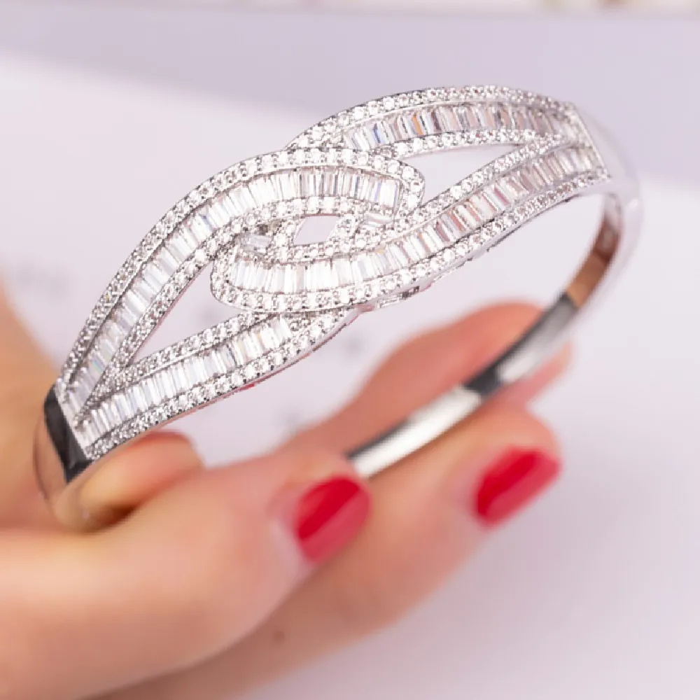 

Big Leaf cross bracelet Luxury pave T square Simulated Diamond bangles for women Engagement wedding White Gold filled Jewelry