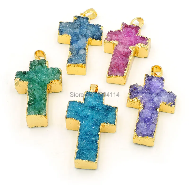 

Mixed Colors Crystal Druzy Cross Pendant Side Gold-plated Approx 40*22mm