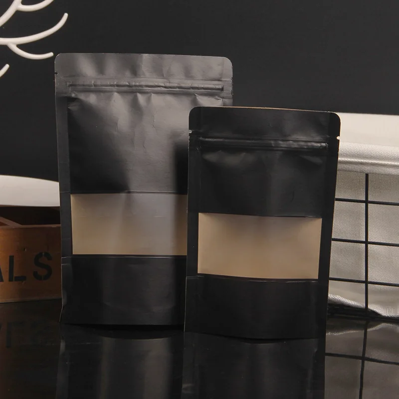 

500Pcs/Lot Black Kraft Paper Frosted Window Bag Stand up Snack Cookie Tea Coffee Packaging Bag X-mas Paper Gift Pouch