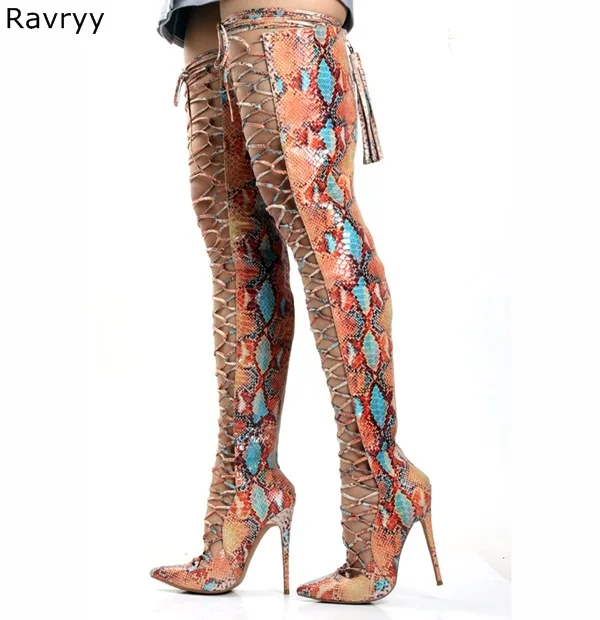 Pointed Toe Cross-tied Woman Long Boots Summer Colorful Snakeskin Over-the-knee Sandal Boots Lace Up Female Motorcycle Booties